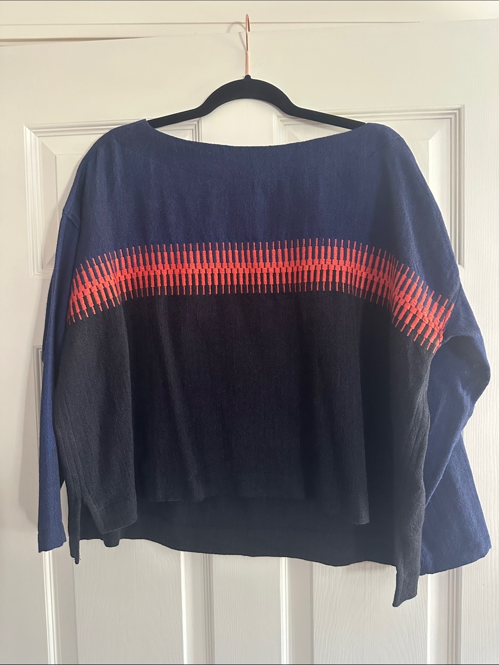 Lemlem Navy, Black, and Coral Boatneck Knit 100% Merino Wool Top